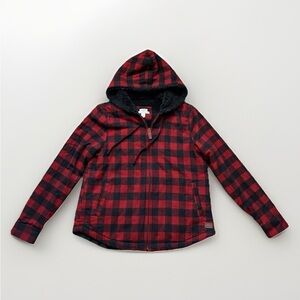 LL Bean Red Plaid Flannel Jacket Sherpa Lined Zip Hoodie Womens Logo Sz S